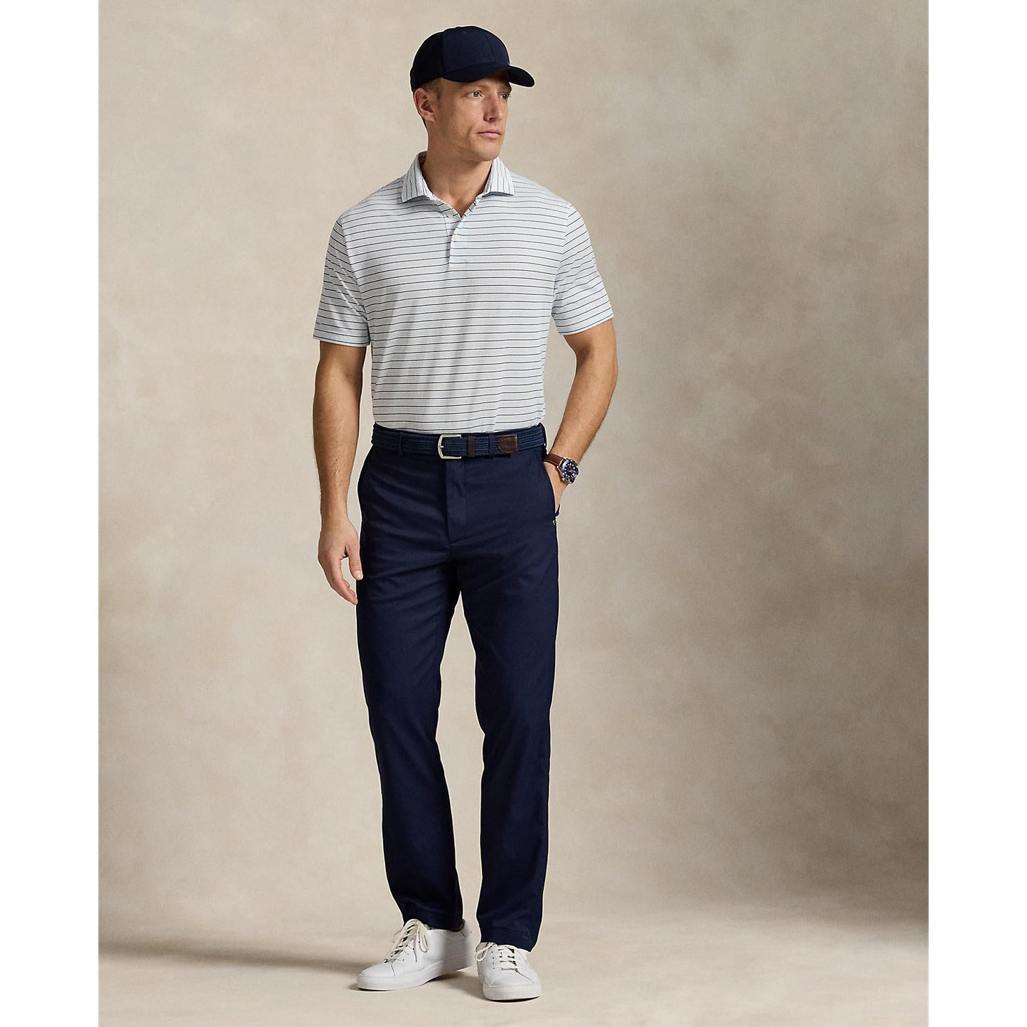 RLX Ralph Lauren Stripe Tour Pique Golf Polo Shirt - Office Blue Multi