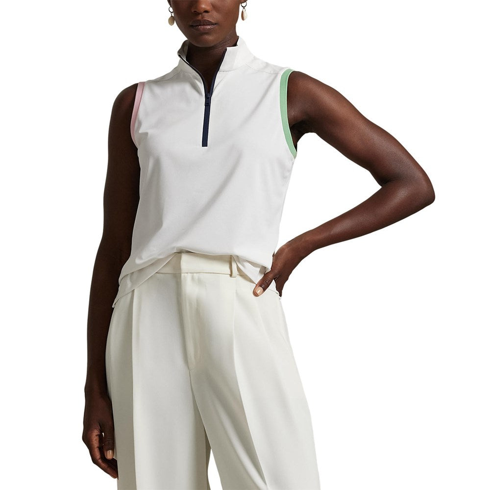 RLX Ralph Lauren Women's Tour Pique Sleeveless Mock Neck 1/4 Zip Golf Top - White/Garden Pink/Pistachio
