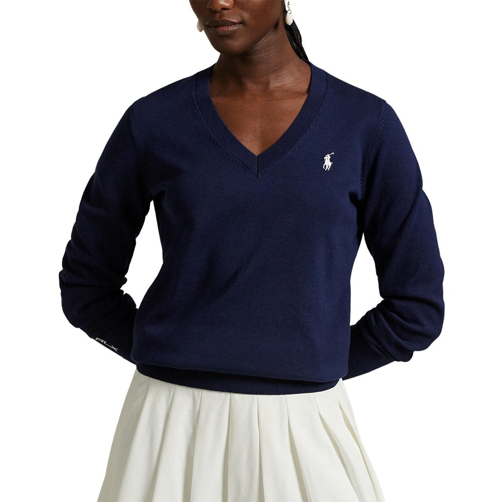RLX Ralph Lauren Women's Cotton Blend V-Neck Golf Jumper - Refinded Navy