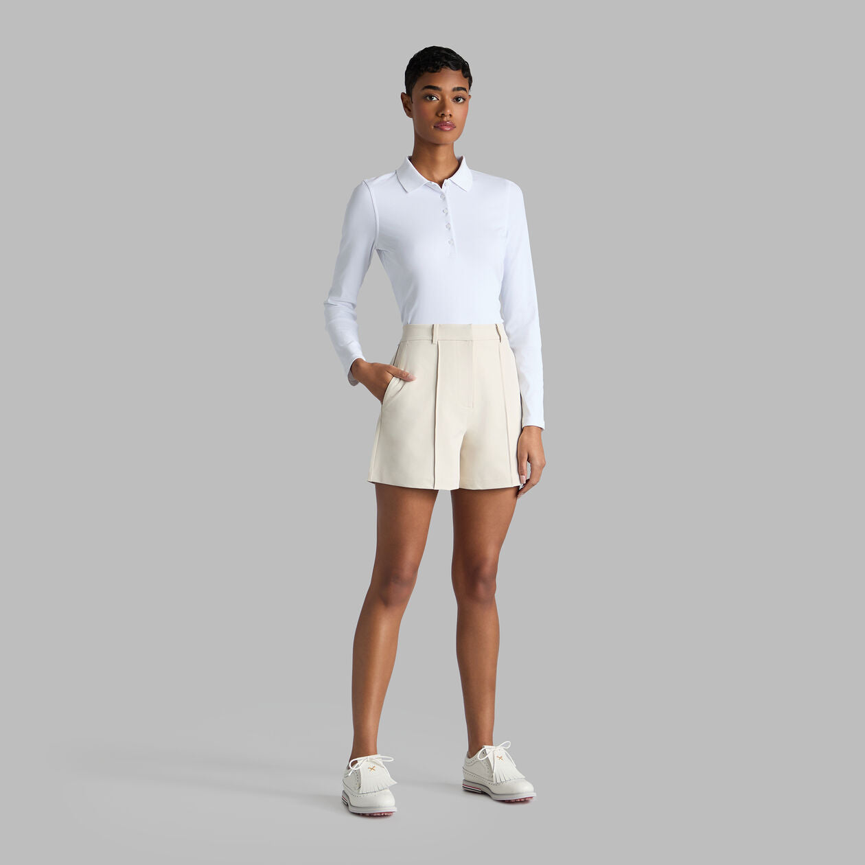 G/Fore Women's Ribbed Tech Nylon Long Sleeve Golf Polo Shirt - Snow