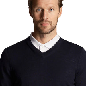 Lyle & Scott Embroidery Collection Merino Blend V-Neck Knit - Dark Navy