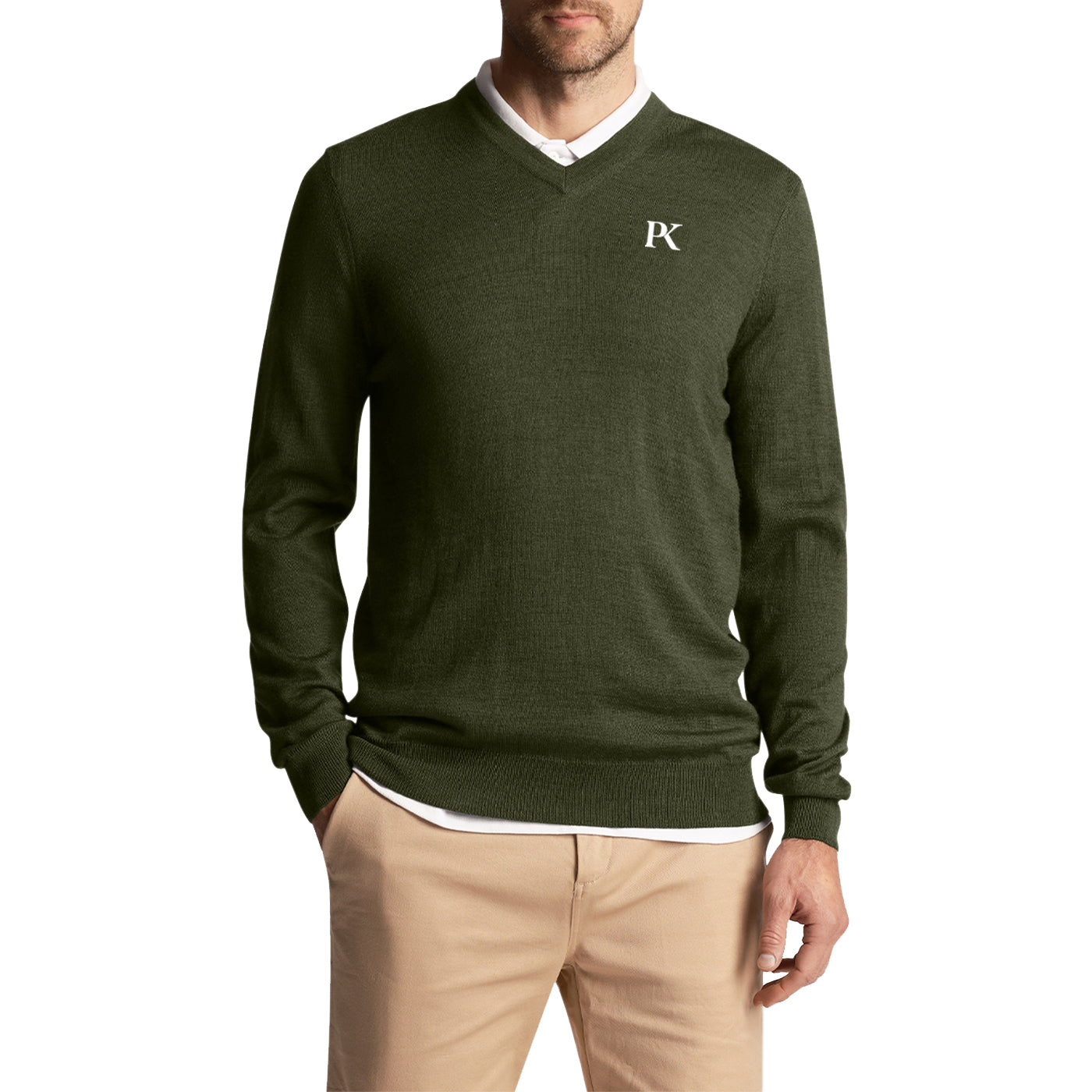 Lyle & Scott Tonal Eagle V Neck Knit - Cactus Green