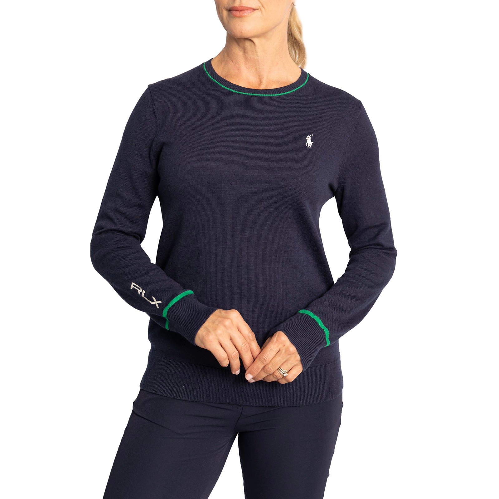 RLX Ralph Lauren Women's Cotton Blend Long Sleeve Pullover - French Navy/Cruise Green