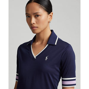 RLX Ralph Lauren Women's Tour Pique V-Neck Golf Polo Shirt - French Navy/Light Mauve/Chic Cream