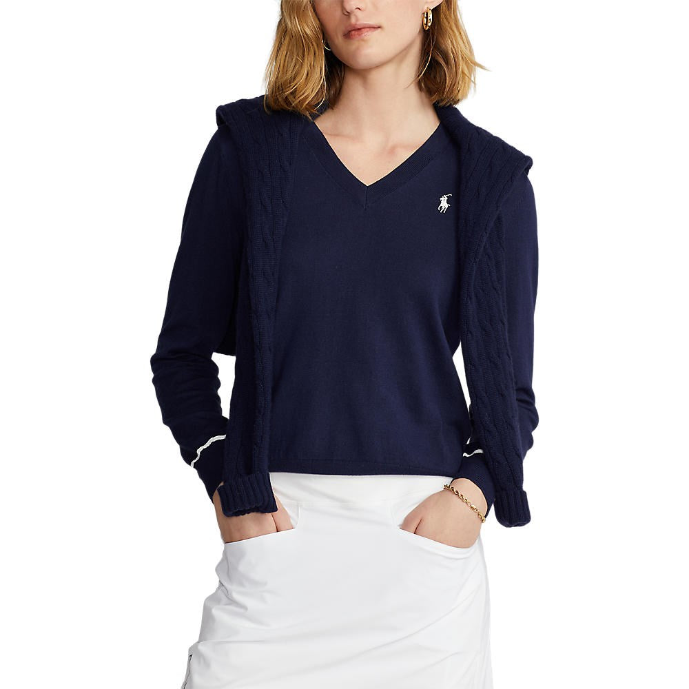 Polo Golf Ralph Lauren Women's Cotton Blend V-Neck Golf Jumper - French Navy/Pure White