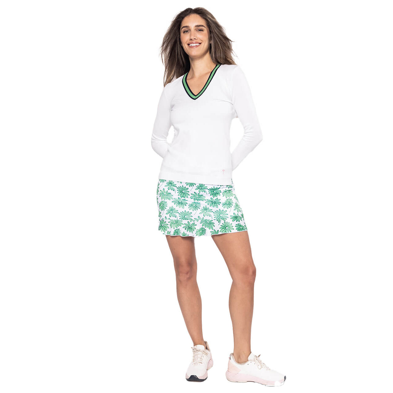 Golftini Women's Fashion V-Neck Sweater - White/Kelly Green